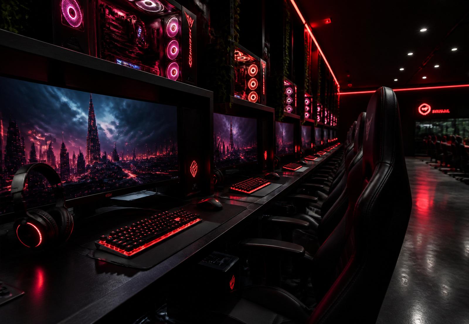 Modern Indian gaming cafe with red RGB lighting